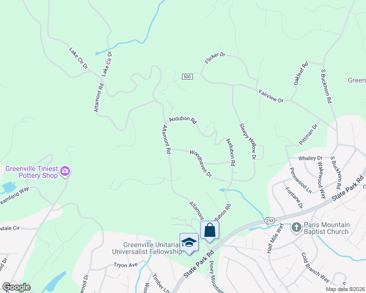 map of restaurants, bars, coffee shops, grocery stores, and more near 7 Woodhaven Drive in Greenville
