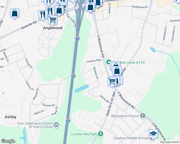 map of restaurants, bars, coffee shops, grocery stores, and more near 511 Lavendula Street in Spartanburg