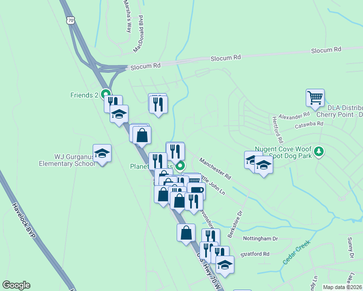 map of restaurants, bars, coffee shops, grocery stores, and more near 199 Catawba Road in Havelock