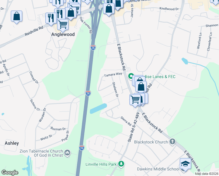 map of restaurants, bars, coffee shops, grocery stores, and more near 511 Lavendula Street in Spartanburg