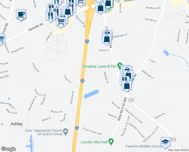 map of restaurants, bars, coffee shops, grocery stores, and more near 530 Lavendula Street in Spartanburg