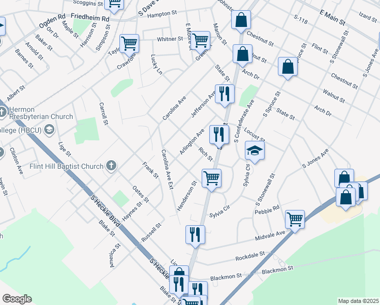 map of restaurants, bars, coffee shops, grocery stores, and more near 919 1/2 Arlington Avenue in Rock Hill