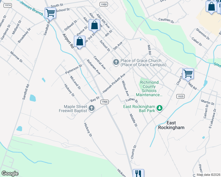 map of restaurants, bars, coffee shops, grocery stores, and more near 191 Hannah Pickett Avenue in Rockingham