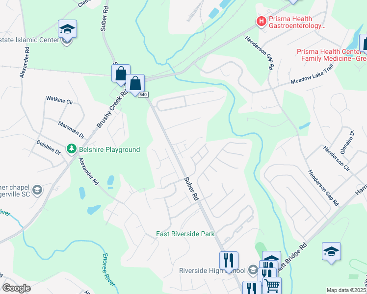 map of restaurants, bars, coffee shops, grocery stores, and more near 936 South Suber Road in Greer