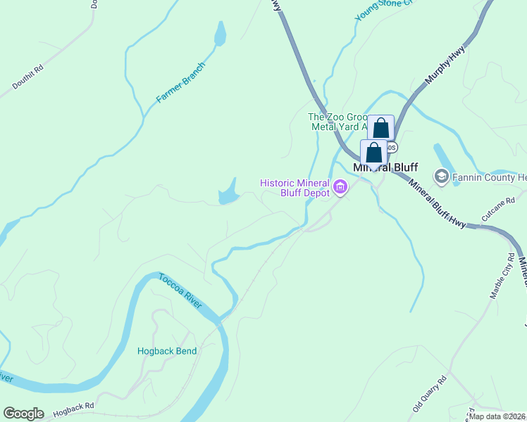 map of restaurants, bars, coffee shops, grocery stores, and more near 215 Mountain Rivers Lane in Mineral Bluff