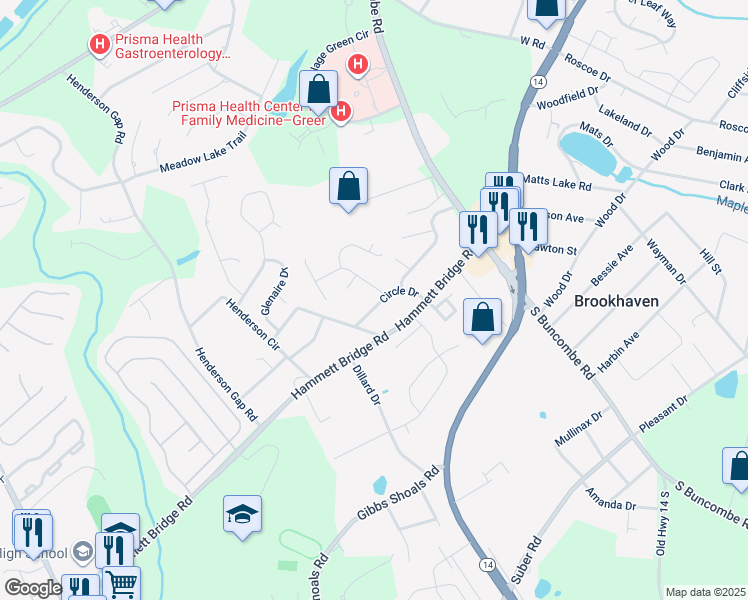 map of restaurants, bars, coffee shops, grocery stores, and more near 428 Circle Drive in Greer
