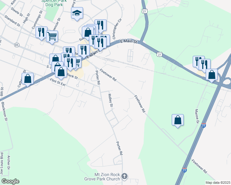 map of restaurants, bars, coffee shops, grocery stores, and more near 1444 Clara Street in Rock Hill