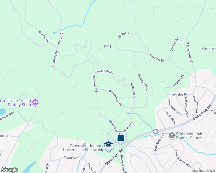 map of restaurants, bars, coffee shops, grocery stores, and more near 7 Woodhaven Drive in Greenville