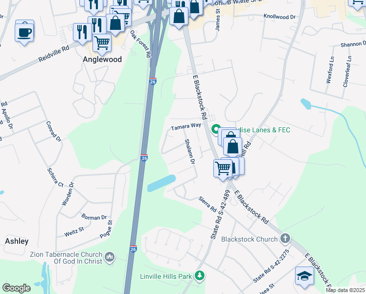 map of restaurants, bars, coffee shops, grocery stores, and more near 507 Lavendula Street in Spartanburg