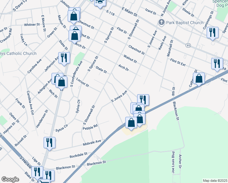 map of restaurants, bars, coffee shops, grocery stores, and more near 644 Rockwood Drive in Rock Hill