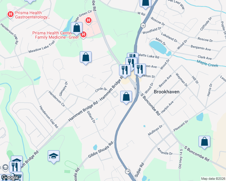 map of restaurants, bars, coffee shops, grocery stores, and more near 307 Hammett Bridge Road in Greer