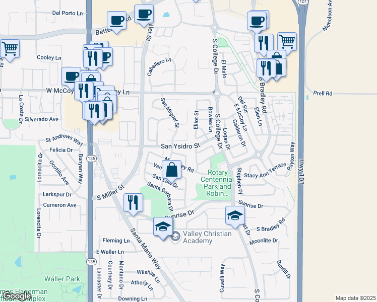 map of restaurants, bars, coffee shops, grocery stores, and more near 527 San Antonio Drive in Santa Maria