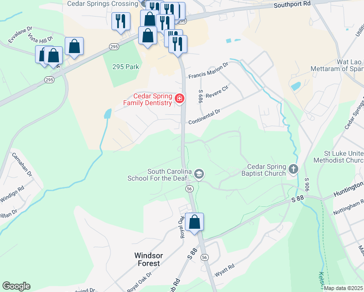 map of restaurants, bars, coffee shops, grocery stores, and more near 355 Cedar Springs Road in Spartanburg
