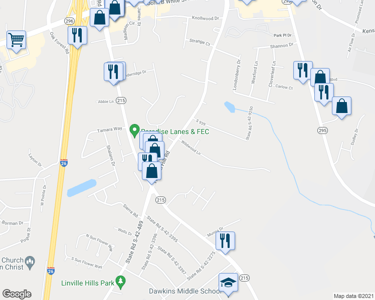 map of restaurants, bars, coffee shops, grocery stores, and more near 960 Wildwood Lane in Spartanburg