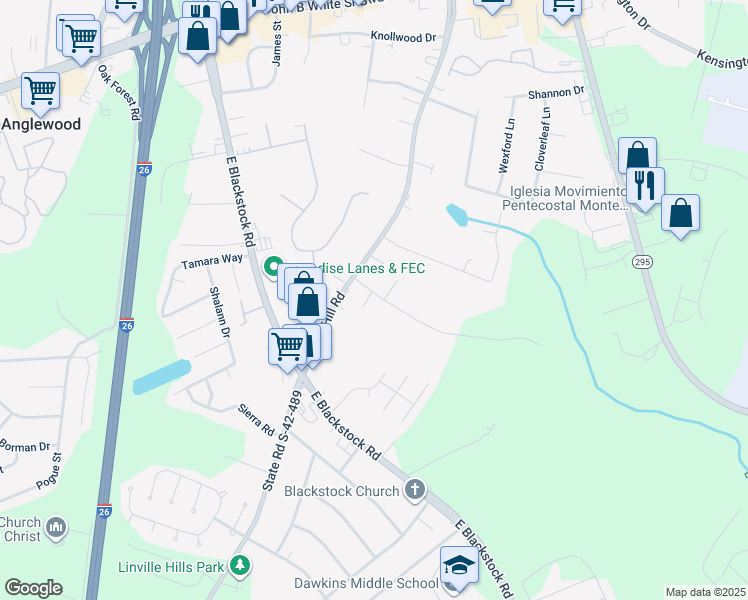 map of restaurants, bars, coffee shops, grocery stores, and more near 962 Wildwood Lane in Spartanburg
