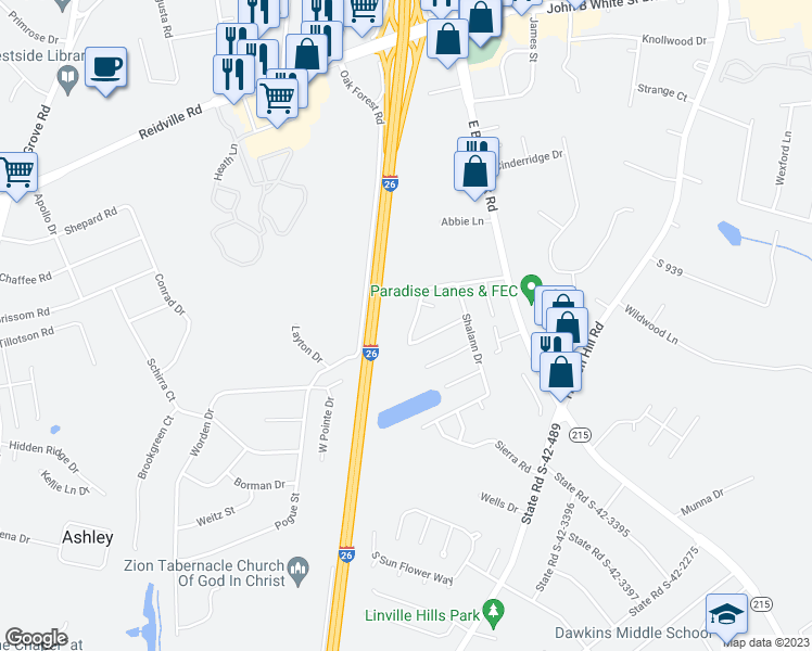 map of restaurants, bars, coffee shops, grocery stores, and more near 1880 Tamara Way in Spartanburg