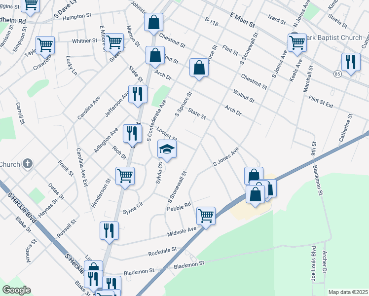 map of restaurants, bars, coffee shops, grocery stores, and more near 548 Locust Street in Rock Hill
