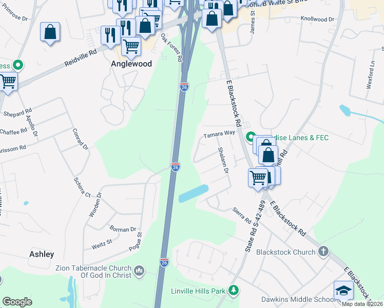 map of restaurants, bars, coffee shops, grocery stores, and more near 1880 Tamara Way in Spartanburg