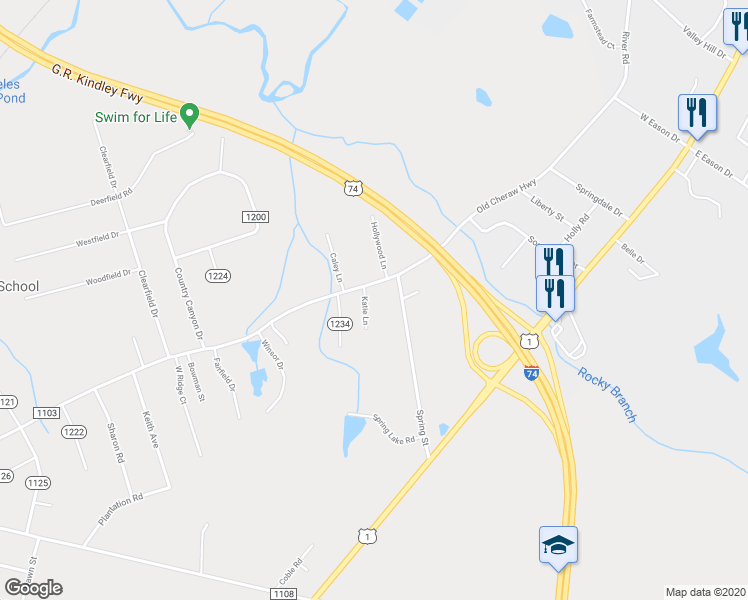 map of restaurants, bars, coffee shops, grocery stores, and more near 107 Katie Lane in Rockingham