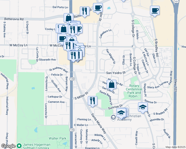 map of restaurants, bars, coffee shops, grocery stores, and more near 105 San Ysidro Street in Santa Maria