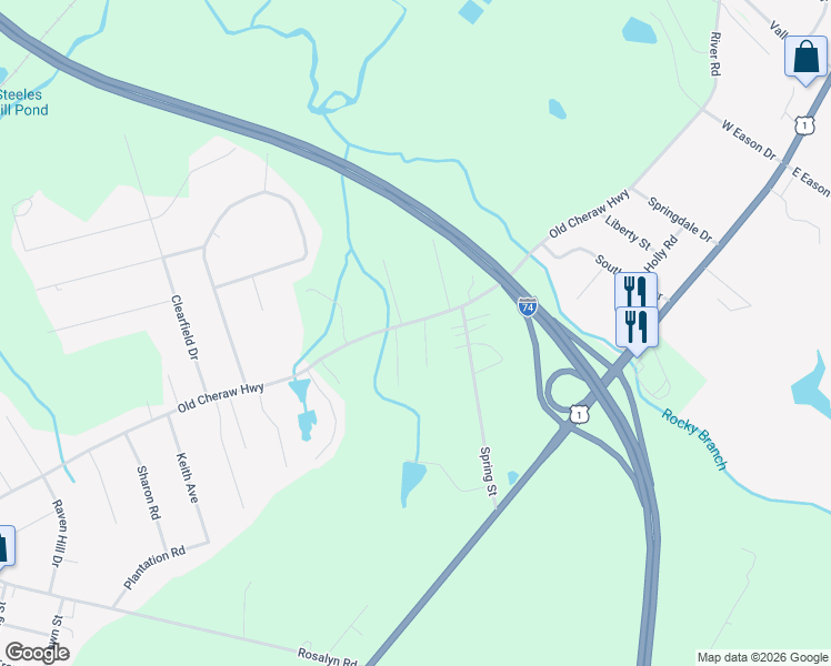 map of restaurants, bars, coffee shops, grocery stores, and more near 107 Katie Lane in Rockingham