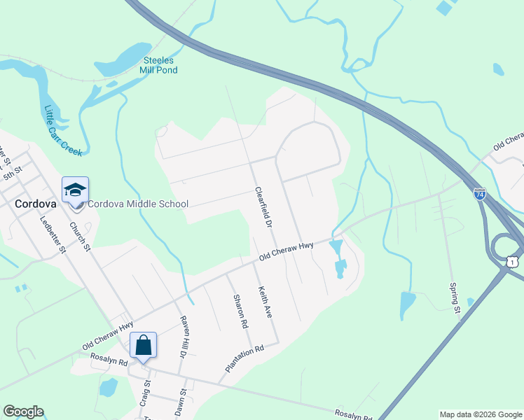 map of restaurants, bars, coffee shops, grocery stores, and more near 129 Clearfield Drive in Rockingham