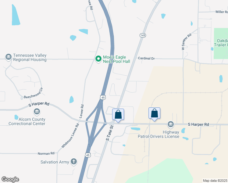 map of restaurants, bars, coffee shops, grocery stores, and more near Jumper Lane in Corinth
