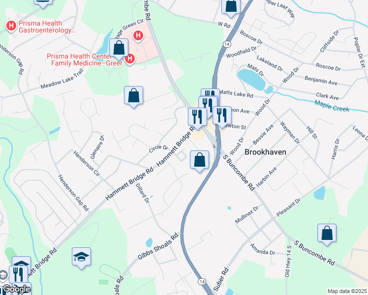 map of restaurants, bars, coffee shops, grocery stores, and more near 307 Hammett Bridge Road in Greer