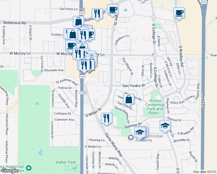 map of restaurants, bars, coffee shops, grocery stores, and more near 105 San Ysidro Street in Santa Maria