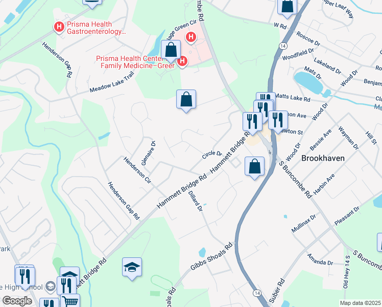 map of restaurants, bars, coffee shops, grocery stores, and more near 428 Circle Drive in Greer