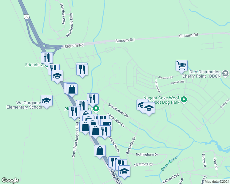 map of restaurants, bars, coffee shops, grocery stores, and more near 106 Education Lane in Havelock