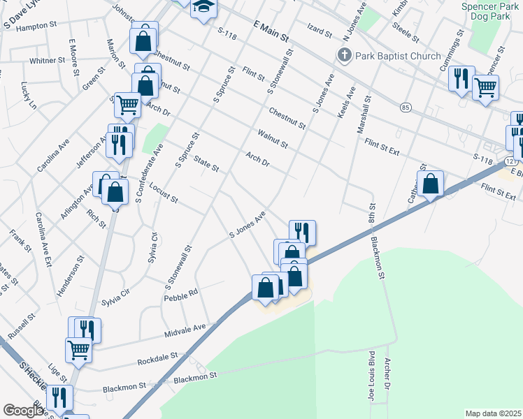 map of restaurants, bars, coffee shops, grocery stores, and more near 676 Stonewall Court in Rock Hill
