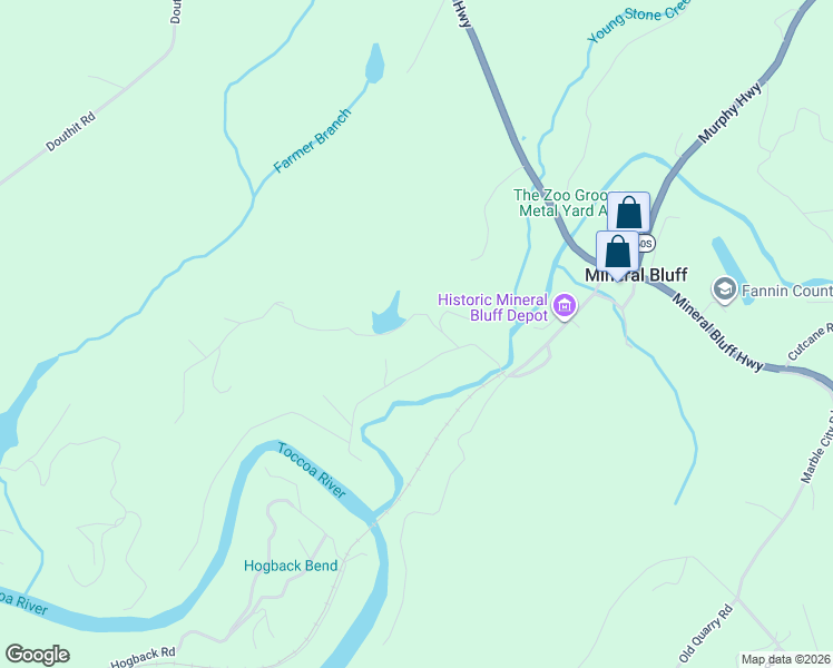 map of restaurants, bars, coffee shops, grocery stores, and more near 215 Mountain Rivers Lane in Mineral Bluff