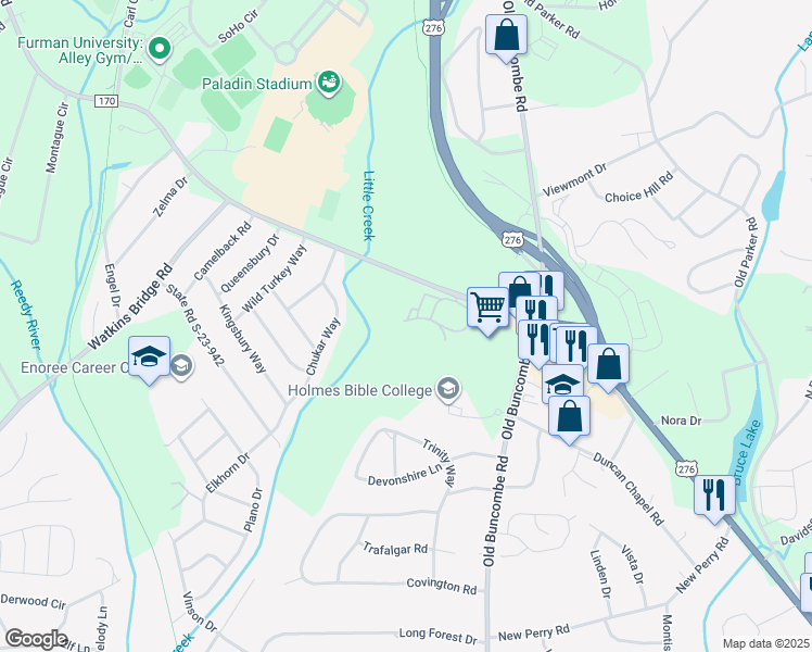 map of restaurants, bars, coffee shops, grocery stores, and more near 421 Duncan Chapel Road in Greenville