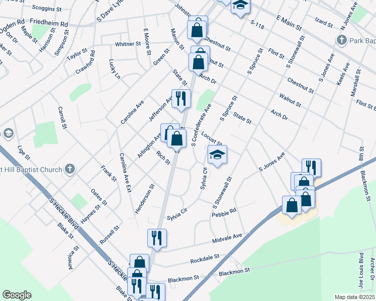 map of restaurants, bars, coffee shops, grocery stores, and more near 845 South Confederate Avenue in Rock Hill
