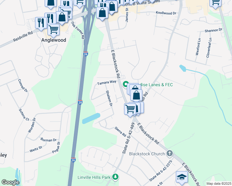 map of restaurants, bars, coffee shops, grocery stores, and more near 430 East Blackstock Road in Spartanburg