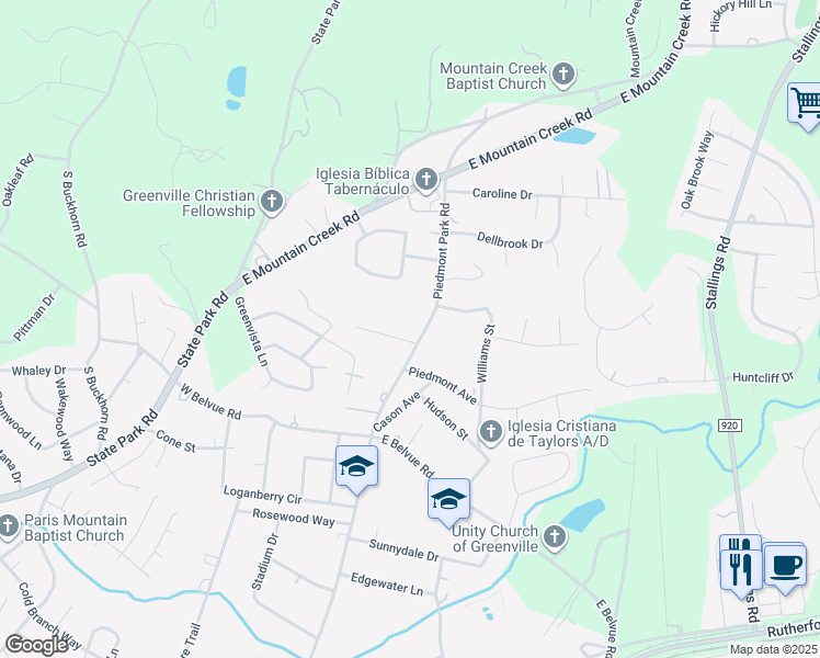 map of restaurants, bars, coffee shops, grocery stores, and more near 1206 Piedmont Park Road in Taylors