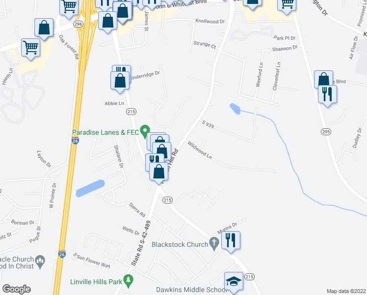 map of restaurants, bars, coffee shops, grocery stores, and more near 171 Hidden Hill Road in Spartanburg