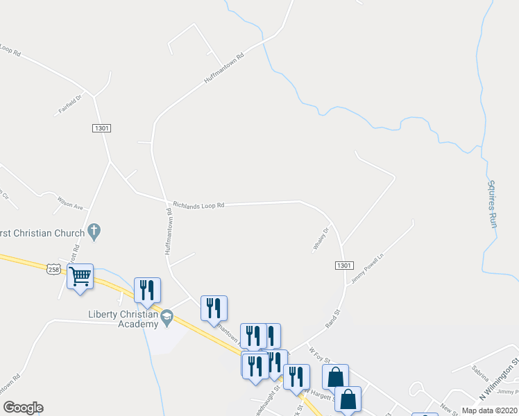 map of restaurants, bars, coffee shops, grocery stores, and more near 295 Richlands Loop Road in Richlands