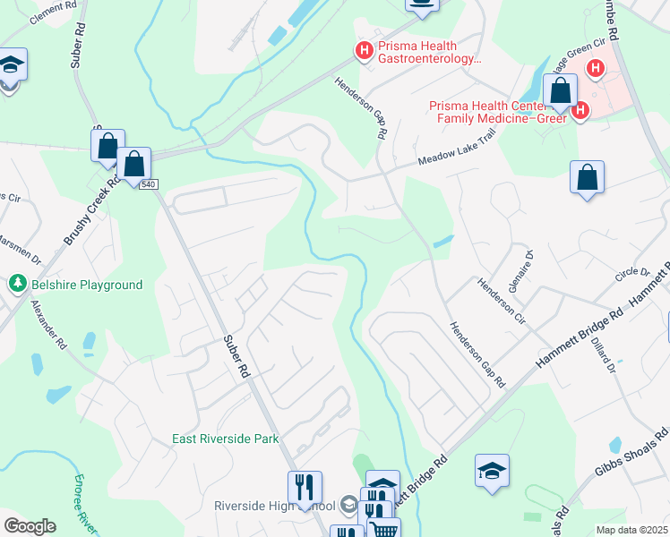 map of restaurants, bars, coffee shops, grocery stores, and more near 421 Woolridge Way in Greer