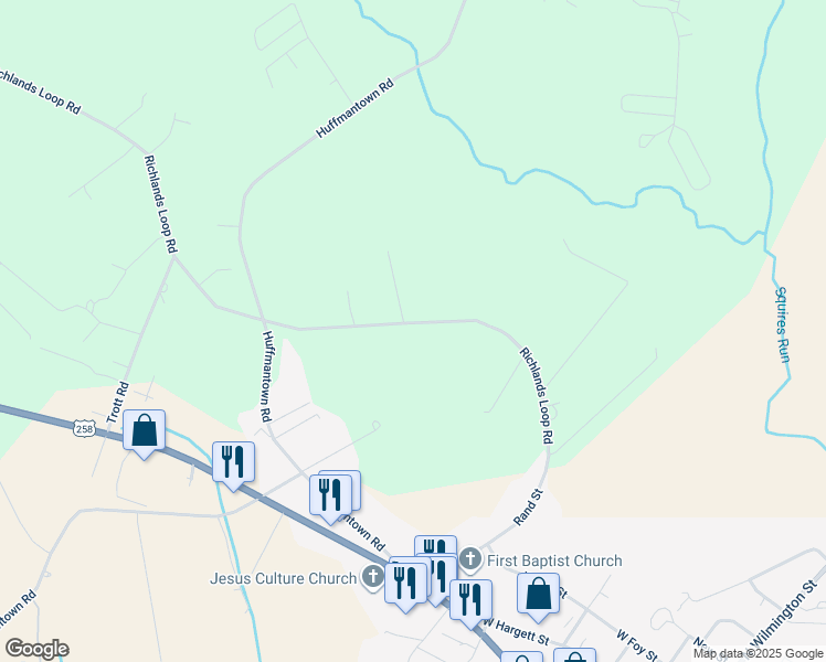 map of restaurants, bars, coffee shops, grocery stores, and more near 295 Richlands Loop Road in Richlands