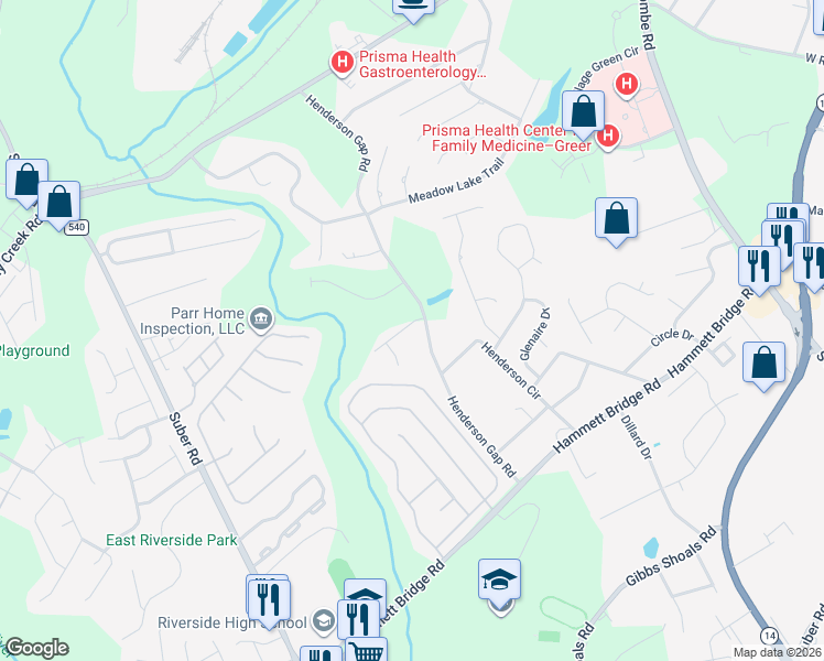 map of restaurants, bars, coffee shops, grocery stores, and more near 1488 Henderson Gap Road in Greer