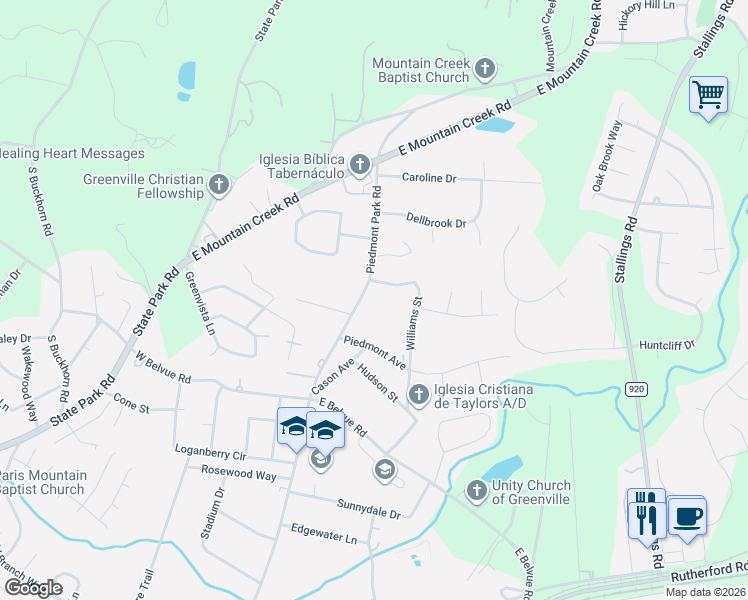 map of restaurants, bars, coffee shops, grocery stores, and more near 1208 Piedmont Park Road in Taylors