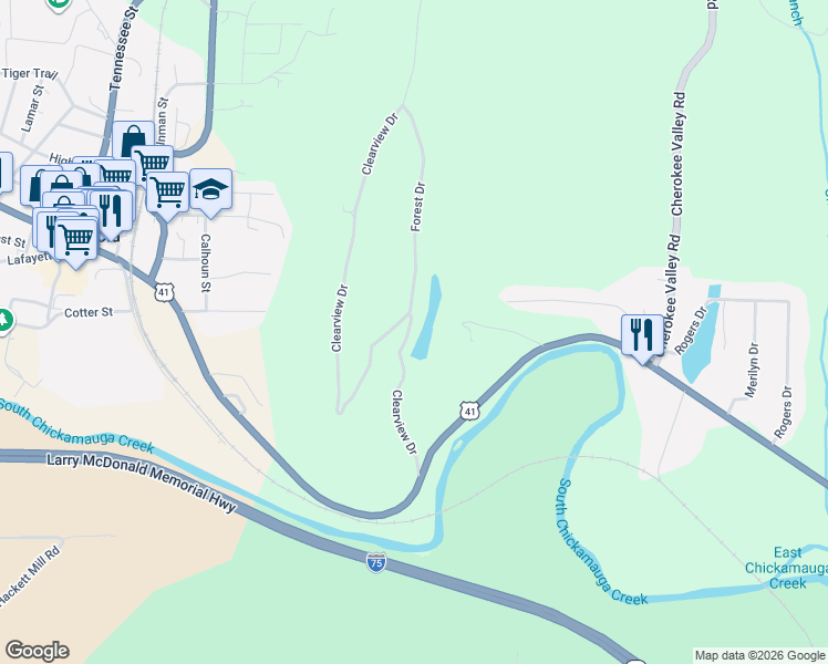 map of restaurants, bars, coffee shops, grocery stores, and more near 348 Clearview Drive in Ringgold