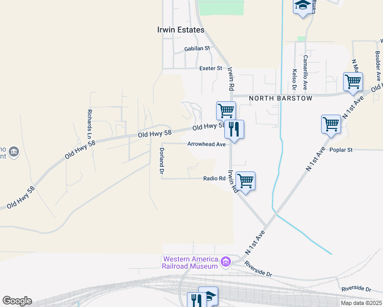 map of restaurants, bars, coffee shops, grocery stores, and more near 29095 Arrowhead Avenue in Barstow