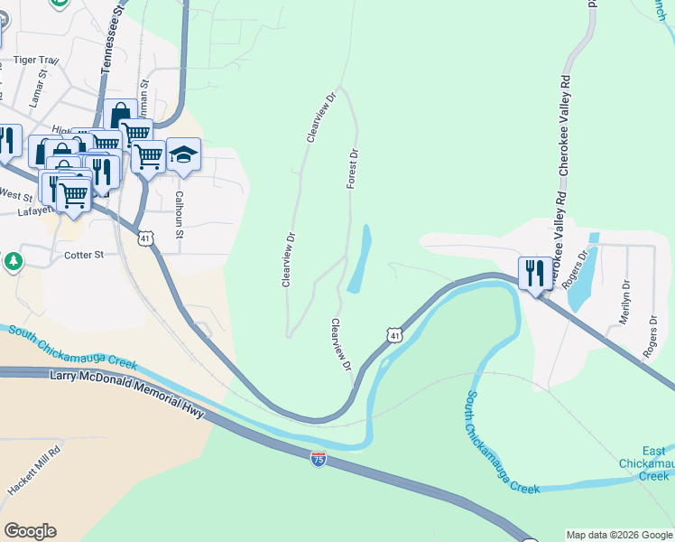 map of restaurants, bars, coffee shops, grocery stores, and more near 348 Clearview Drive in Ringgold