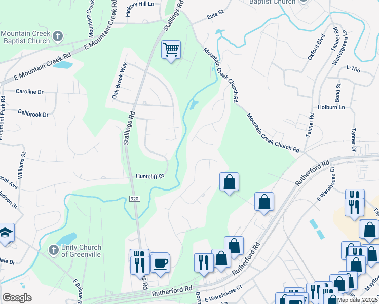 map of restaurants, bars, coffee shops, grocery stores, and more near 304 Golf View Lane in Greenville