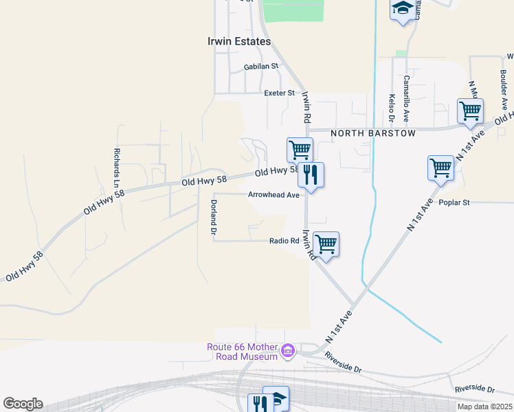 map of restaurants, bars, coffee shops, grocery stores, and more near 29095 Arrowhead Avenue in Barstow