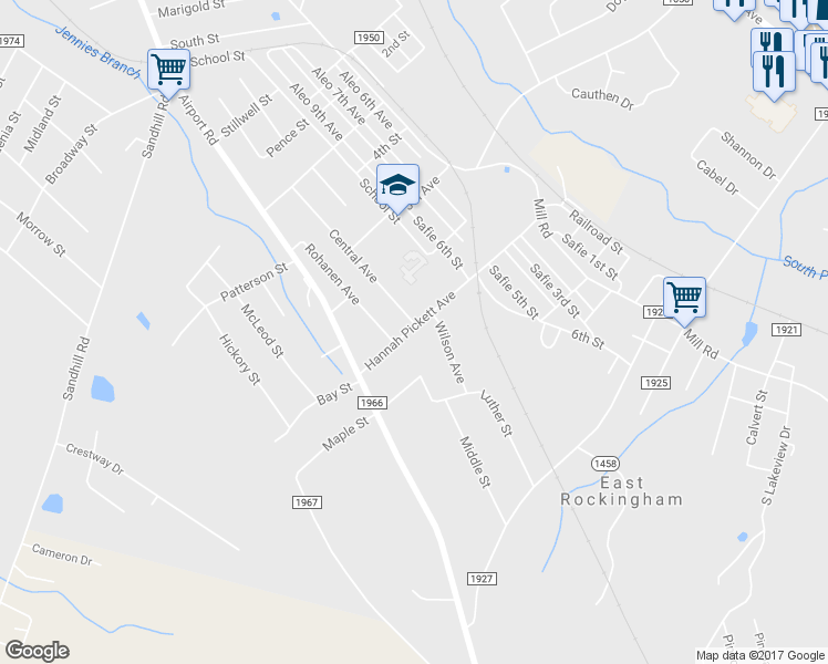 map of restaurants, bars, coffee shops, grocery stores, and more near 177 Hannah Pickett Avenue in Rockingham