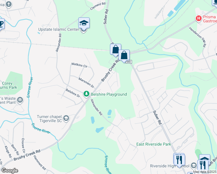 map of restaurants, bars, coffee shops, grocery stores, and more near 3102 Brushy Creek Road in Greer